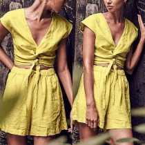 Fashion Solid Color Deep V-neck Sleeveless Twisting Hollow Out Shirt + Shorts Two-piece Set