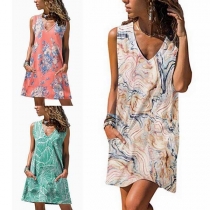 Fashion Sleeveless V-neck Front-pocket Printed Dress