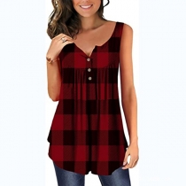 Fashion Plaid Printed/Ccamouflage Printed Sleeveless Buttoned V-neck Top