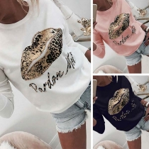 Fashion Leopard Lip Printed Long Sleeve Round Neck Shirt(It falls small)
