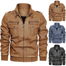 Retro Style Long Sleeve Stand Collar Man's PU Leather Jacket