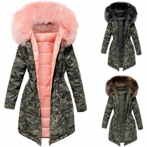 Fashion Camouflage Printed Faux Fur Spliced Hooded Padded Coat (Size falls small)