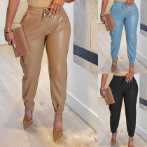 Hip-hop Style Solid Color Elastic Waist PU Leather Pants