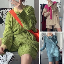 Fashion Solid Color Round Neck Sweater + Shorts Two-piece Set