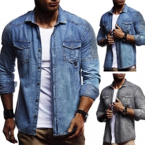 Retro Style Long Sleeve POLO Collar Man's Denim Shirt