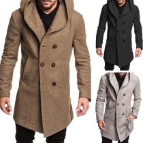 Fashion Solid Color Double-breasted Hooded Man's Woolen Coat(The size falls small)