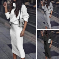 Fashion Solid Color Turtleneck Knit Top + Skirt Two-piece Set