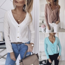 Fashion Solid Color Long Sleeve V-neck Metal Button Cardigan