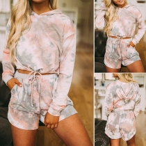 Fashion Tie-dye Printed Long Sleeve Hooded Top + Shorts Two-piece Set