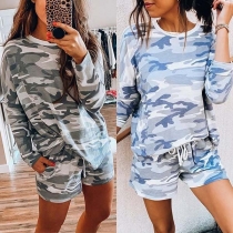 Fashion Camouflage Printed Long Sleeve T-shirt + Shorts Two-piece Set