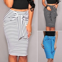 Fashion Lace-up High Waist Slim Fit Striped Skirt