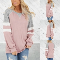 Casual Style Long Sleeve Round Neck Contrast Color T-shirt