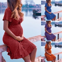 Sexy V-neck Short Sleeve Ruffle Hem Dots Printed Maternity Dress