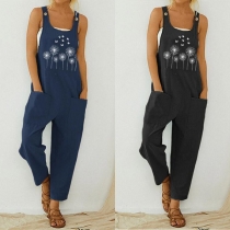 Fashion Dandelion Printed Front-pocket Overalls