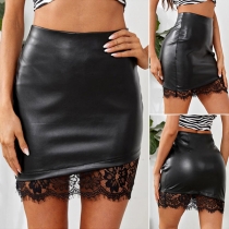 Fashion High Waist Slim Fit Lace Spliced Hem PU Leather Skirt