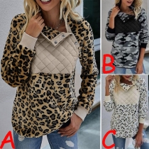 Fashion Long Sleeve Stand Collar Leopard Printed Sweatshirt