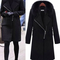 Fashion Solid Color Faux Fur Spliced Collar Woolen Coat