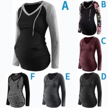 Fashion Solid Color Long Sleeve Hooded Maternity T-shirt