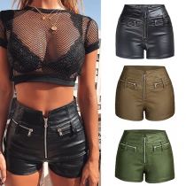 Fashion High Waist Slim Fit Solid Color PU Leather Shorts