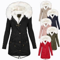Solid Color Faux Fur Spliced Hooded Plush Lining Long Sleeve Padded Coat