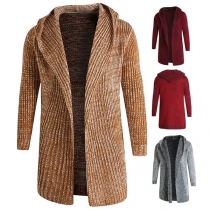 Fashion Mixed Color Long Sleeve Hooded Man's Knit Cardigan