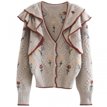 Fashion Long Sleeve V-neck Ruffle Embroidery Knit Cardigan