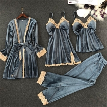 Fashion Lace Spliced Sling Top + Sling Dress + Pants +Robe Nightwear Four-piece Set