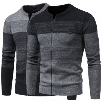 Fashion Contrast Color Long Sleeve Round Neck Man's Knit Cardigan