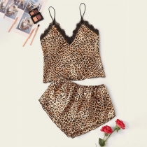Sexy V-neck Lace Spliced Leopard Printed SLing Top + Shorts Nightwear Set