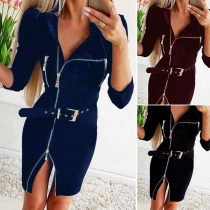 Fashion Solid Color Long Sleeve Front-zipper Slim Fit Dress