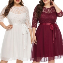 Sexy Lace Spliced Short Sleeve Round Neck Plus-size Dress