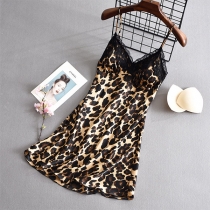 Sexy Backless V-neck Lace Spliced Leopard Printed Sling Nightwear Dress
