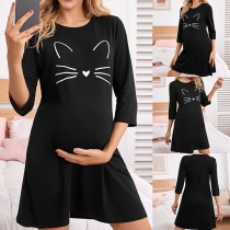 Cute Cat Printed 3/4 Sleeve Round Neck Dress