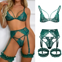 Sexy Solid Color Hollow Out Lace Underwear Lingerie Set