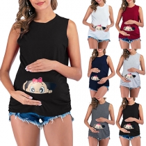 Cute Baby Printed Sleeveless Round Neck Maternity T-shirt