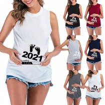 Simple Style Sleeveless Round Neck Footprint Printed Maternity T-shirt