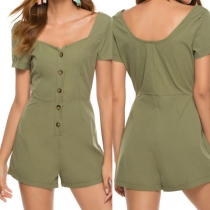 Fashion Solid Color Short Sleeve Square Collar Single-breasted High Waist Romper