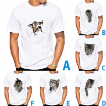 Cute 3D Cat Printed Short Sleeve Round Neck Man's T-shirt