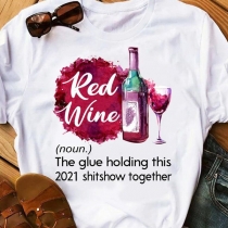 Casual Style Letters Red Wine Beer Printed Short Sleeve Round Neck T-shirt