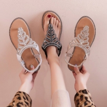 Bohemian Style Flat Heel Rhinestone Inlaid Thong Sandals