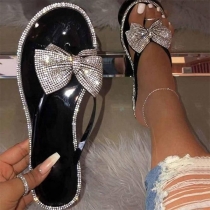 Sweet Style Flat Heel Round Toe Rhinestone Inlaid Bow-knot Outdoor Slippers (The size falls small)
