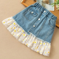 Sweet Style Daisy Gauze Spliced Hem High Waist Denim Skirt for Kids