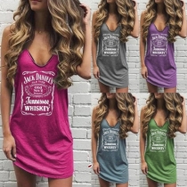 Casual Style Sleeveless V-neck Letters Printed T-shirt Dress