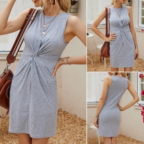 Fashion Solid Color Sleeveless Round Neck Slim Fit Twisted Dress