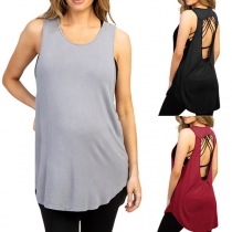 Sexy Backless Sleeveless Round Neck Solid Color Loose Tank Top for Pregnant Woman