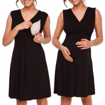 Simple Style Sleeveless V-neck High Waist Solid Color Lactation Dress
