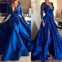 Sexy Deep V-neck Slit Hem High Waist Lace Spliced Evening Dress