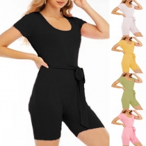 Simple Style Short Sleeve U-neck Solid Color Tie-belt Stretch Sports Yoga Romper