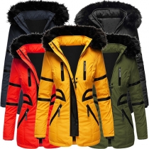 Fashion Contrast Color Long Sleeve Faux Fur Spliced Hooded Padded Coat