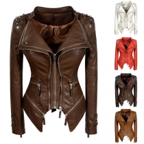 Punk Style Long Sleeve Irregular Hem Slim Fit Rivets Zipper PU Leather Jacket